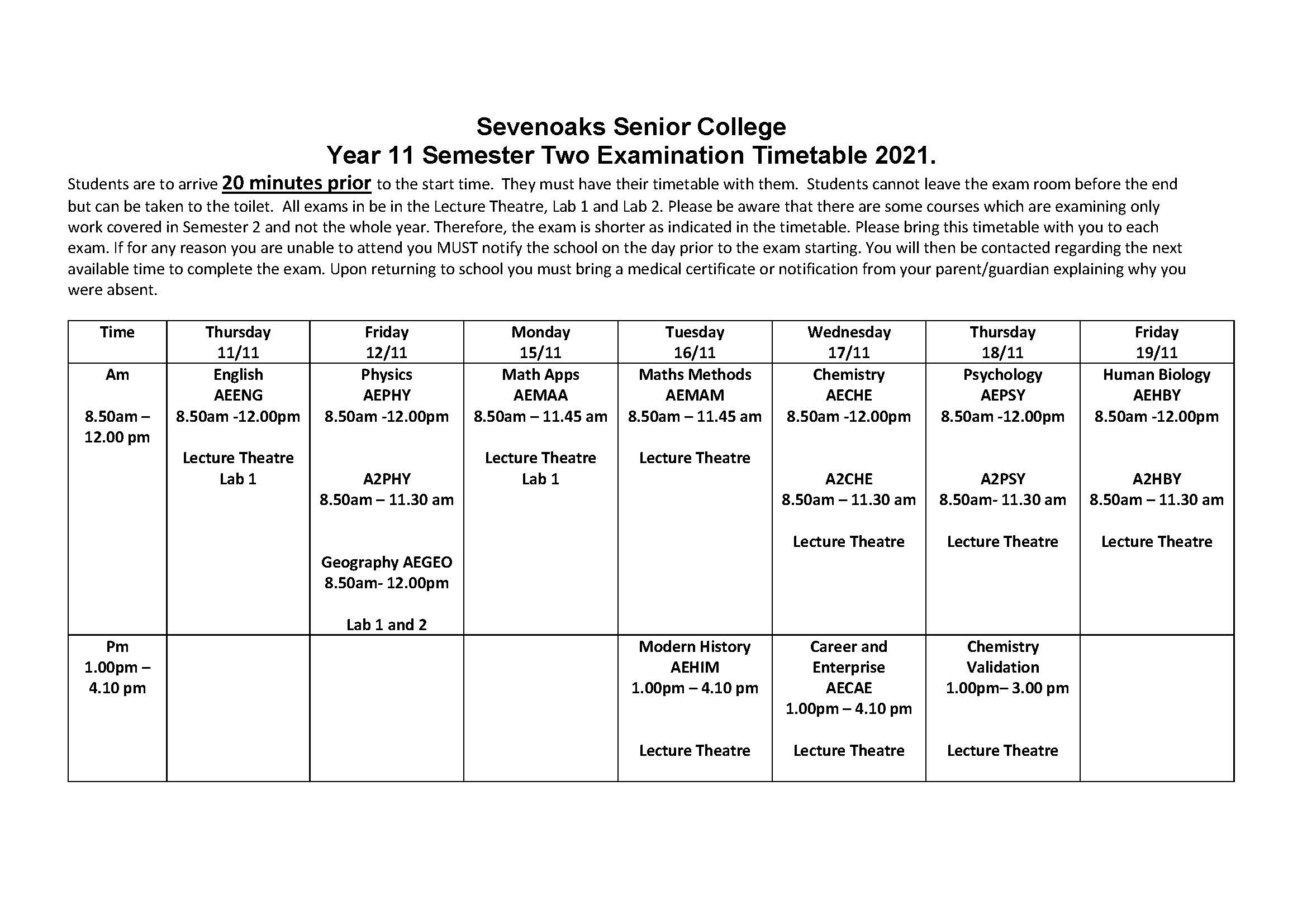 Year 11 Exam Timetable Sevenoaks